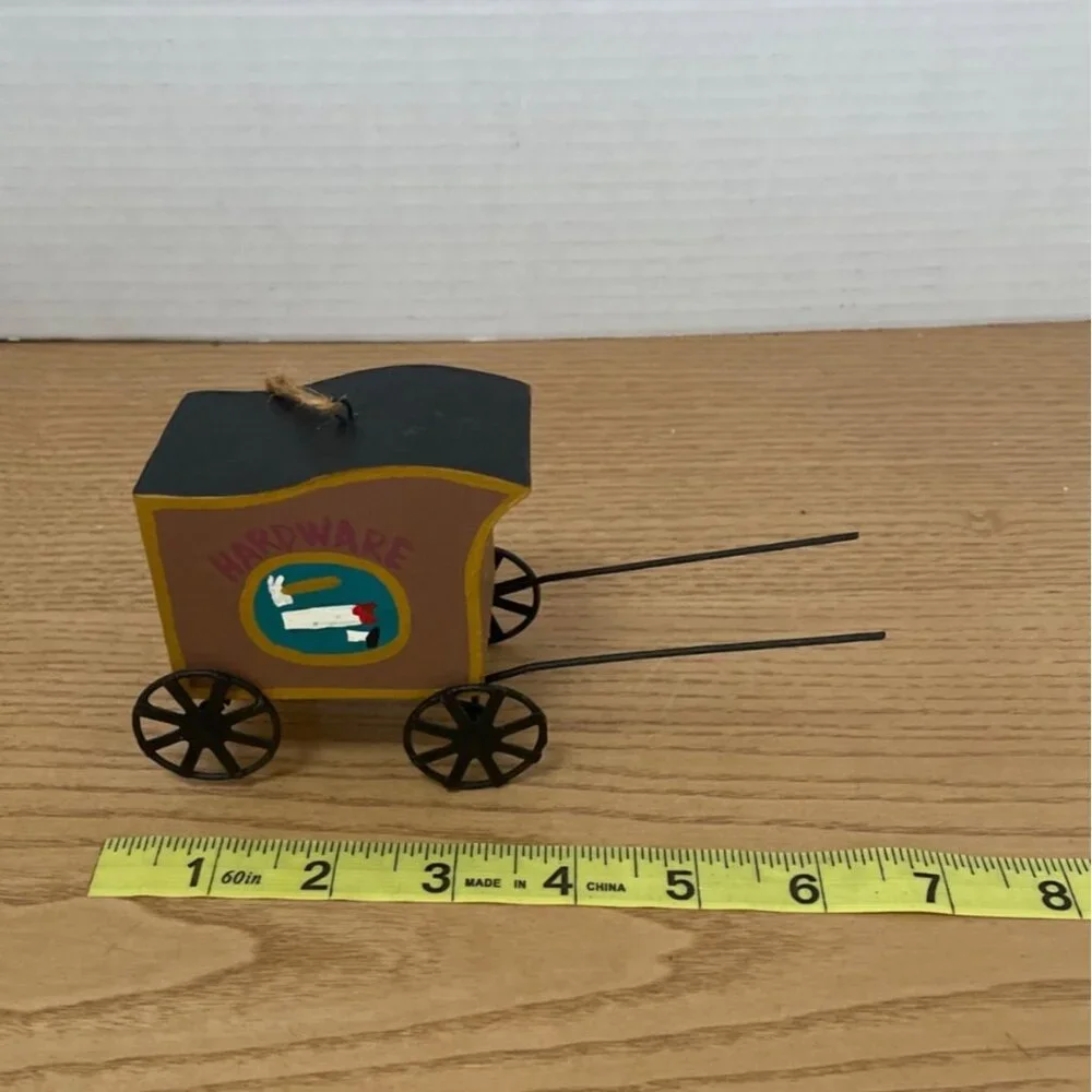 Vtg Amish Covered Wagon Christmas Ornament Hand-Painted Hardware Saw Hammer Tool